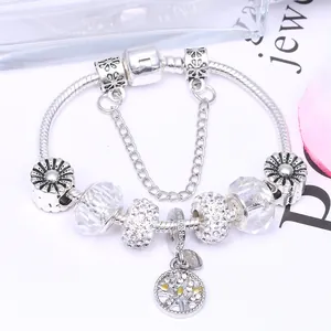 Silver snake chain bracelet with family tree pendant and sparkling crystal beads