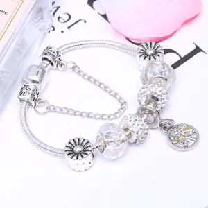 Silver snake chain bracelet with family tree pendant and sparkling charms for mothers