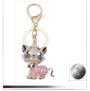 Détail du porte-clés chat en strass avec une pièce pour comparaison de taille réelle