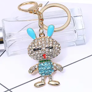 Portachiavi Creativo a Forma di Coniglio con Strass in Lega di Animale Ciondolo per Borsa Oro Blu Smalto Anello per Donne Ragazze Regalo