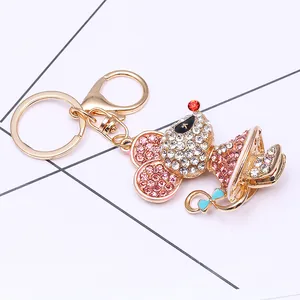 Porte-clés souris étincelant avec cristaux roses et alliage doré avec fermoir