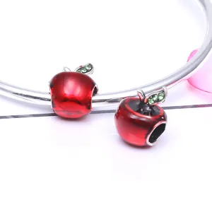 Red enamel apple charms with green crystal leaves on silver bracelet, DIY bead jewelry