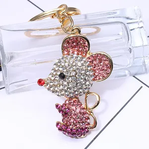 Porte-clés souris en cristal scintillant avec strass roses dégradés et alliage doré