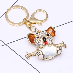 Porte-clés koala scintillant avec strass et grand cristal sur alliage doré