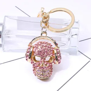Pink Rhinestone Skull With Headphones Keychain Gold Alloy Key Ring For Women Fashion Bag Charm Halloween Gift Accessory