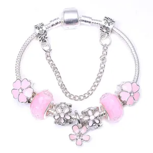 DIY Kirschblüte Anhänger Armband Versilberte Legierung Schlangenkette Mit Sicherheitskette Für Damen Romantischer Schmuck Geschenk