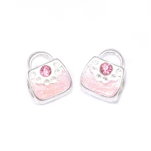 Pair of pink glitter bag charms with silver plating and crystal for DIY jewelry making