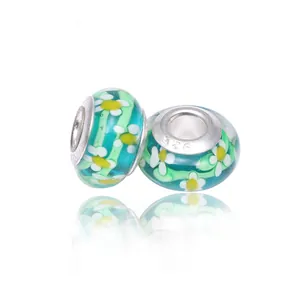 Green Glaze Glass Daisy Flower Large Hole Beads With 925 Sterling Silver Core For DIY Bracelet Jewelry Making Women Gift