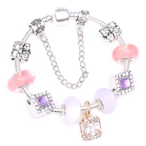Bracelet à Charms DIY en Alliage Plaqué Argent Perles en Verre Rose Violet Ours Coeur Charms pour Femme Chaîne Serpent Bijoux Cadeau