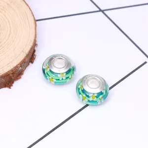Green glass flower beads with S925 silver core for DIY jewelry making set of 2