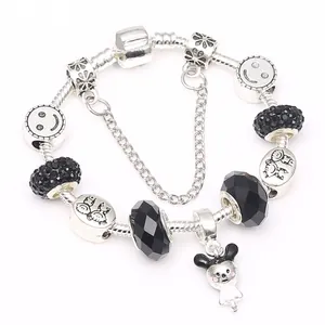 DIY Charm Bracelet Silver Plated Copper Snake Chain Smile Beads Rhinestone Enamel Cartoon Mouse Pendant Women Jewelry