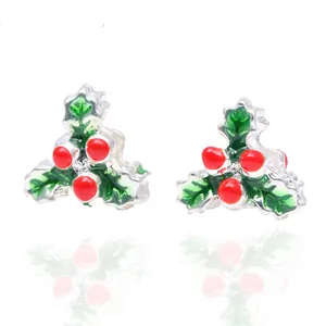 Kerst Hulstblad Bes Charm Legering Emaille Groen Rood Zilver Kraal Voor Europese Armband Sieraden Maken Kerstcadeau
