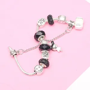 Chic silver plated DIY charm bracelet featuring black crystals and mixed metal beads