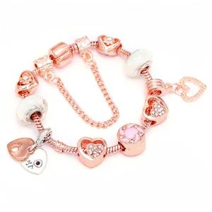 Rose Gold Heart Crown Charm Bracelet Pink Enamel Flower Glaze Beads Snake Chain Bracelet With Safety Chain For Women Romantic Jewelry Gift