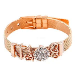 Rose gold Milanese mesh bracelet with anchor, love, and heart charms for women