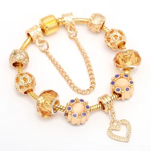 Gold Plated Snake Chain Charm Bracelet Hollow Heart Pendant Amber Glass Beads Elegant DIY Beaded Jewelry Gift Women