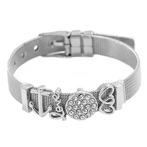 Silver stainless steel mesh watch band bracelet with anchor, love, and heart charms