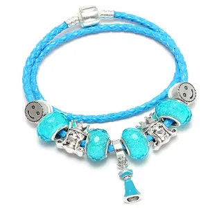 Blue Braided Leather Charm Bracelet Alloy Glass Beads Princess Crown Smiling Face Pendant Bracelet For Women Teen Gift