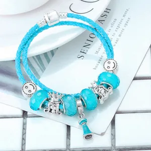 Blue cartoon princess pendant charm bracelet with woven leather rope and smiley beads