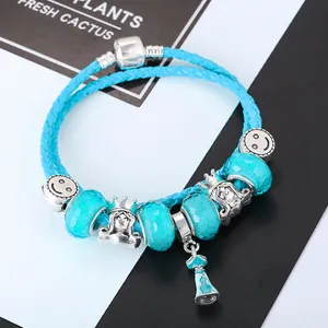 Blue cartoon princess dress pendant charm bracelet with silver smiley face and beads