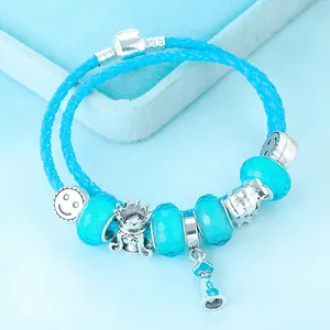 Blue cartoon princess charm bracelet with crown girl and smiley face bead pendants