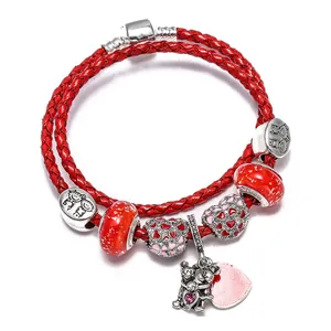Red Double Row Braided Synthetic Leather Bracelet Heart Bear Charm Glass Beads Fashion Jewelry Gift For Women