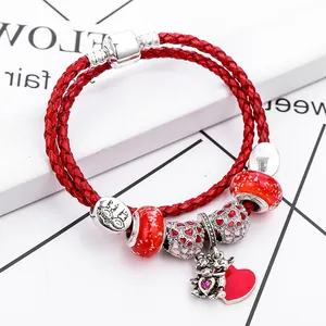 Red double-layer braided leather bracelet with heart charms and Pandora-style beads