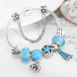 Bracelet à perles bleu avec breloques éléphant et cœur en argent pour femmes