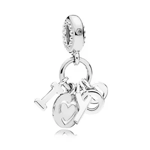 Pendentif I Love You argenté avec cœur et pierre brillante pour bijoux DIY
