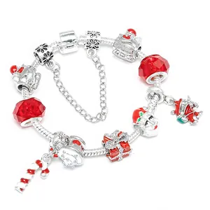 Christmas Charms Bracelet For Women DIY Beaded Snake Chain Santa Claus Candy Cane Enamel Red Crystal Jewelry