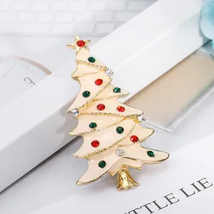 Cute Christmas tree brooch with colorful rhinestones and white enamel on a gold base