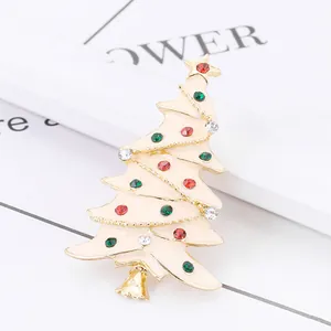 Cute cream enamel Christmas tree brooch with colorful rhinestones on gold base