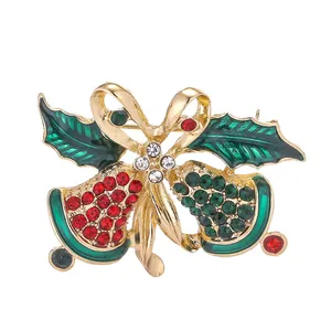 Exquisite Christmas Bell Bow Brooch Alloy Rhinestone Enamel Holly Leaf Pin Festive Party Jewelry Gift For Women