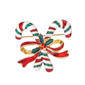 Christmas Candy Cane Brooch Alloy Enamel Bowknot Holly Leaf Rhinestone Pin Festive Holiday Decoration Jewelry For Women