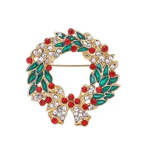 Christmas Garland Brooch With Bells And Bow Alloy Rhinestone Enamel Wreath Breastpin For Women Festive Holiday Jewelry Gift