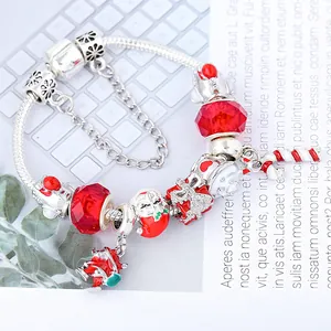 DIY Christmas charm bracelet with Santa Claus and red crystal beads on silver snake chain