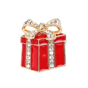 Christmas Gift Box Brooch Alloy Red Enamel Bow Rhinestone Pin Festive Jewelry For Women Wedding Party New Year Accessory