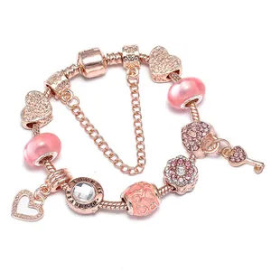 Roségold DIY Charm Armband Mit Herz Schlüssel Blumen Anhänger Rosa Glasperlen Schlangenkette Armband Für Damen Valentinstag Schmuck