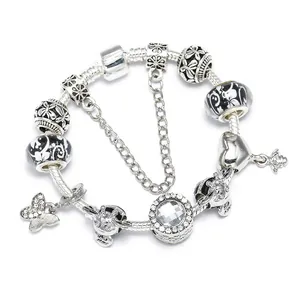 European Style DIY Charm Bracelet Silver Color Snake Chain Butterfly Bee Heart Pendant Alloy Rhinestone Beaded Jewelry For Women