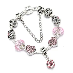 Women's Romantic DIY Pink Crystal Ball Charm Bracelet Silver Plated Alloy Heart Pendant Snake Chain Bracelet Valentine's Day Jewelry Gift