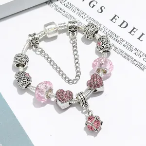 European style snake chain bracelet featuring pink crystal beads and heart-shaped charms