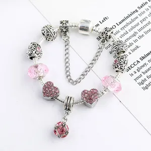 European charms bracelet with pink crystal beads, heart pendant and S925 snake chain