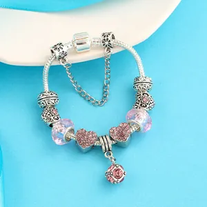 European style charm bracelet with pink crystal beads and silver snake chain for women