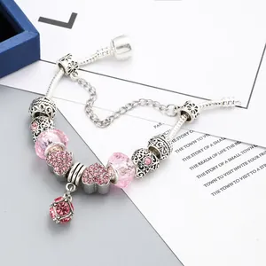 European style silver snake chain bracelet with pink crystal beads and heart pendants