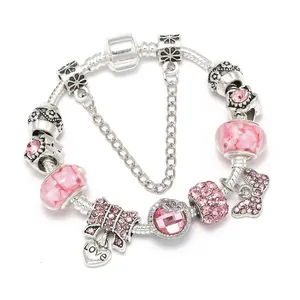 Bracelet à Charme DIY Rose Nœud Pendentif Cœur Amour Strass Perles de Verre de Murano Chaîne Serpent Argenté Bijoux