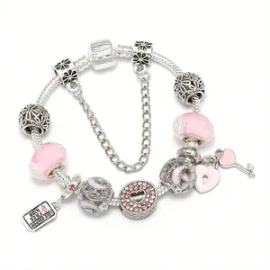 Pulsera de Abalorios de Corazón Rosa Romántica Cadena de Serpiente de Plata Colgante de Llave de Cerradura Aleación Vidrio Circonita Joyería Mujer Regalo