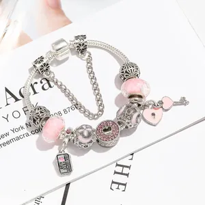Pulsera de dijes de corazón rosa para mujer con cadena de serpiente y cuentas de vidrio