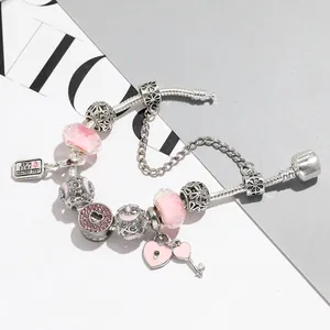 Pulsera de dijes de estilo europeo con cuentas de corazón rosa y cadena de serpiente plata