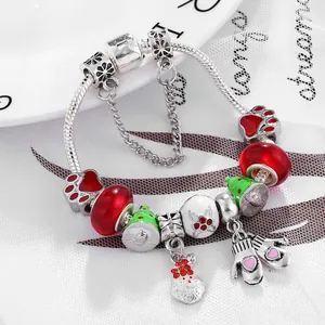 Weihnachten Weihnachtsmann Baum Bettelarmband Silber Schlangenkette Mit Rot Grün Festlichen Perlen Herz Handschuh Damen Schmuck