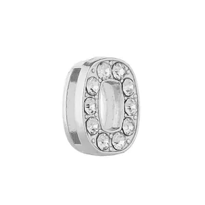 Silver rectangle number 0 charm with rhinestones for bracelets and jewelry making